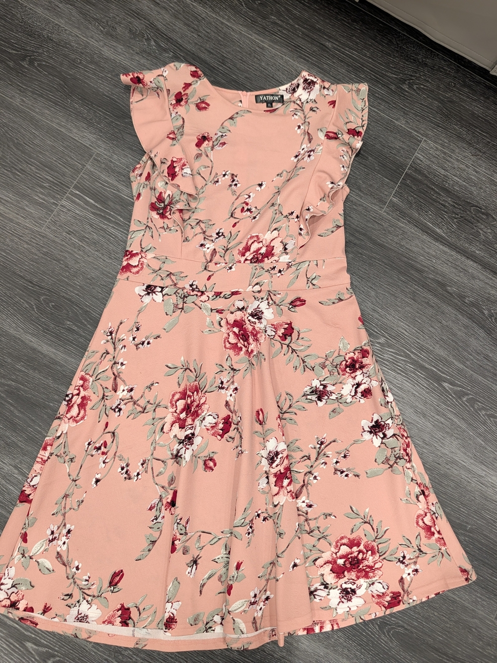 Yathon Pink Floral Midi Dress with Ruffle Sleeves